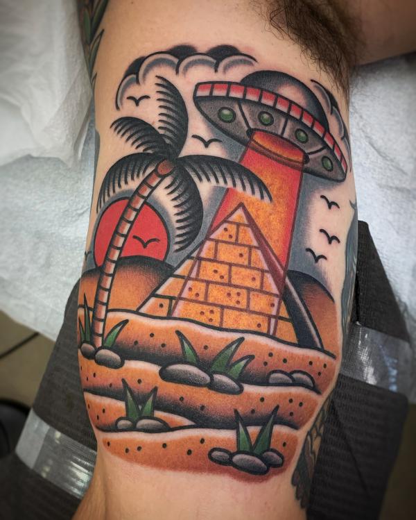 Pyramid and UFO with palm tree tattoo traditional