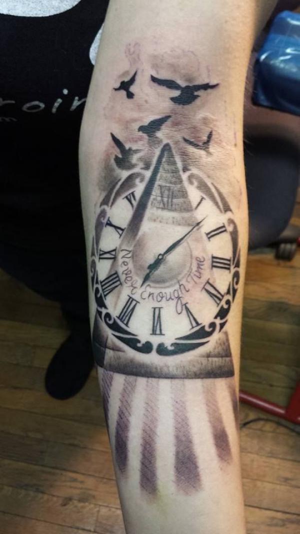 Pyramid with clock and birds tattoo