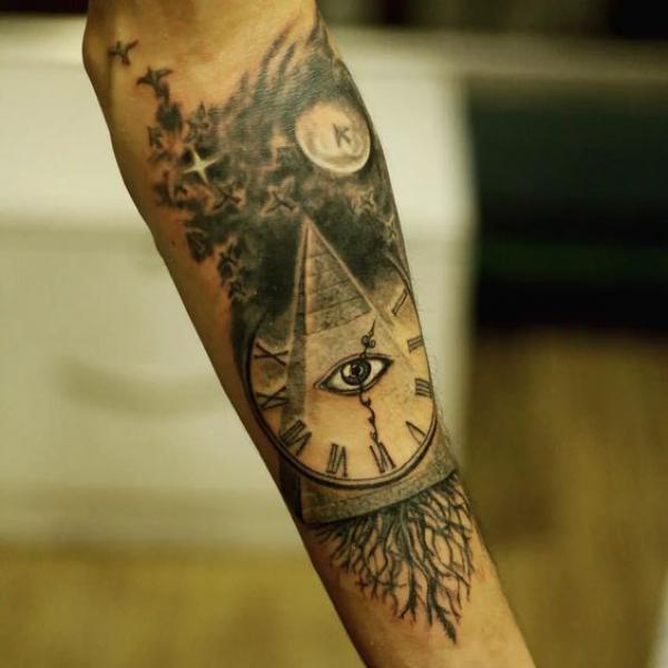 Pyramid with clock and eye forearm tattoo