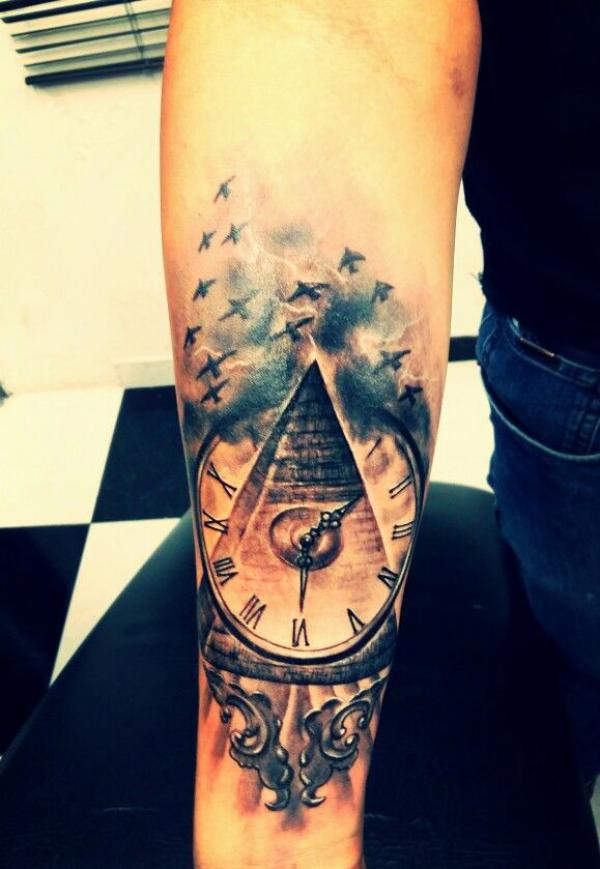 Pyramid with clock forearm tattoo