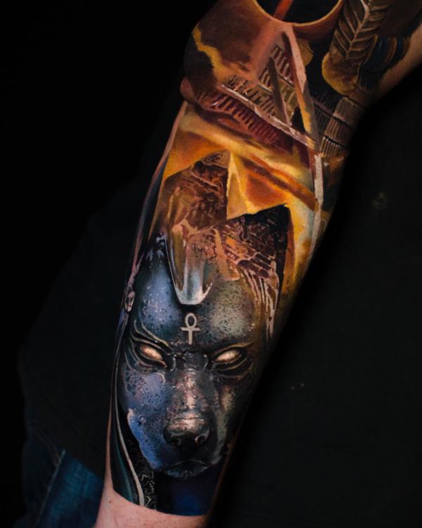 Pyramids and Anubis sleeve tattoo