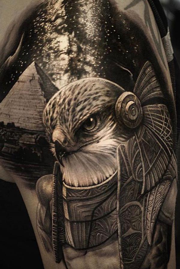 Realistic Horus and Pyramid tattoo
