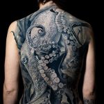Realistic kraken full back tattoo