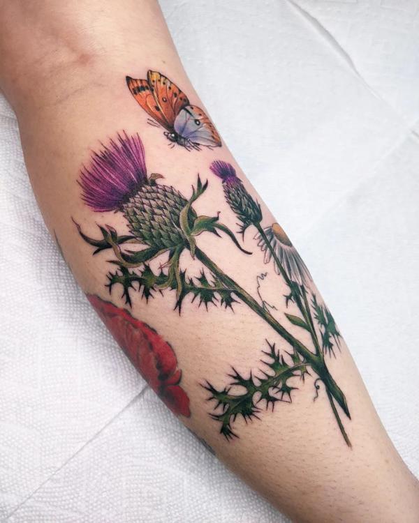Realistic thistle and butterfly tattoo