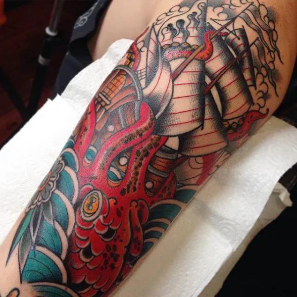 Red kraken and Ship tattoo traditional