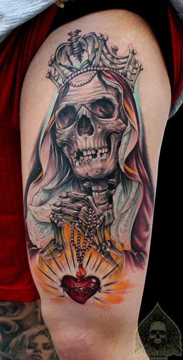 Santa Muerte and immaculate heart thigh tattoo