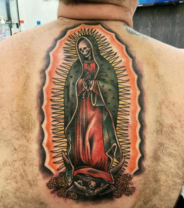 Santa Muerte back tattoo traditional