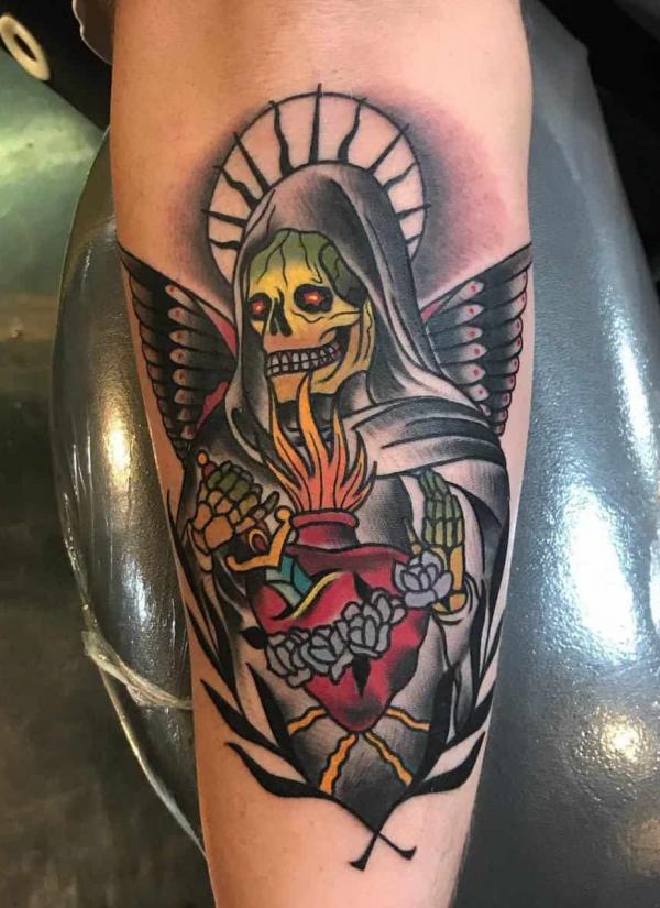 Santa Muerte holding a dagger piercing into a sacred heart tattoo