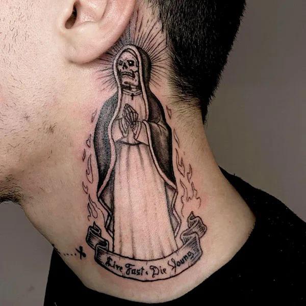 Santa Muerte neck tattoo