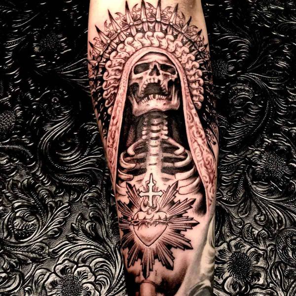 Santa Muerte skeleton and immaculate heart tattoo fattoo