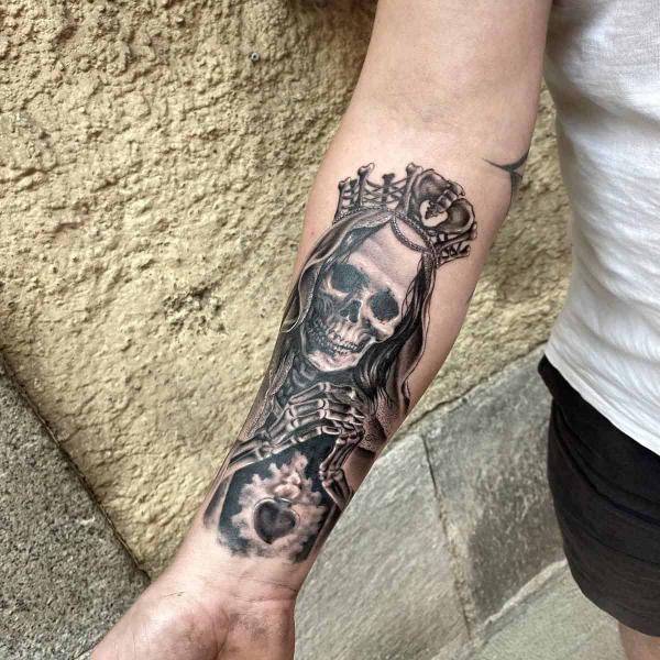 Santa Muerte with immaculate heart forearm tattoo black and white