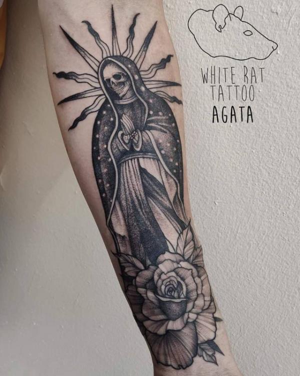 Santa Muerte with praying hands and rose tattoo black and grey