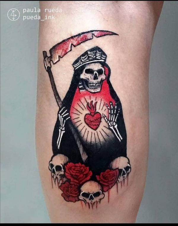 Santa Muerte with scythe and sacred heart tattoo