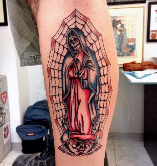 Santa Muerte with spider web tattoo