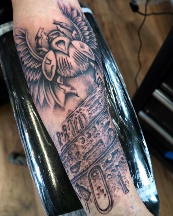 Scarab and Egyptian Hieroglyphics Tattoo