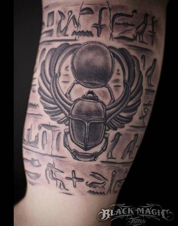 Scarab beetle and Egyptian Hieroglyphics Tattoo