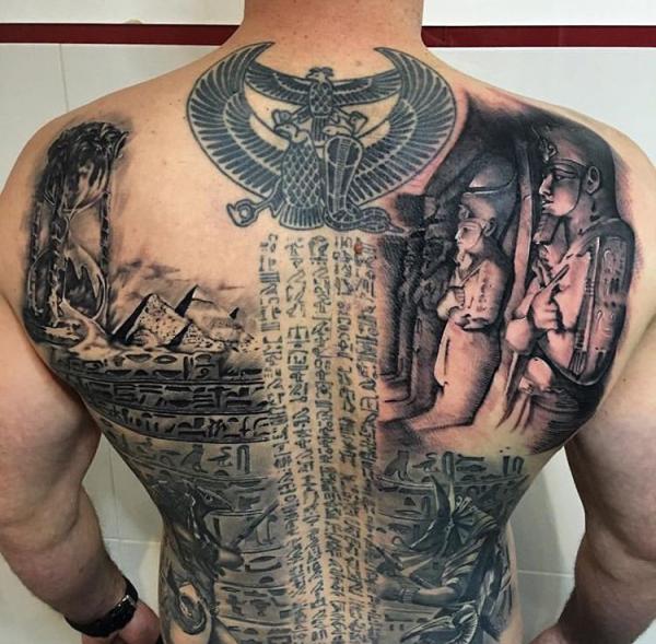 Scarab beetle and Pyramids with Egyptian Hieroglyphics full back tattoo