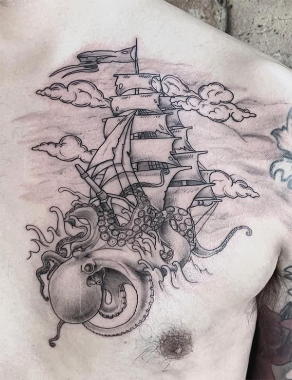 Ship and kraken drawing tattoo