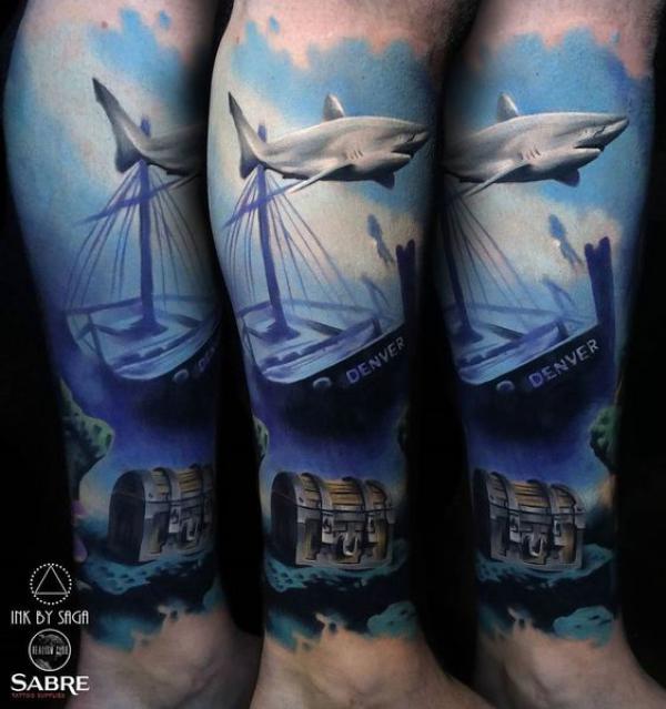 Shipwreck and Treasure Sleeve Tattoo