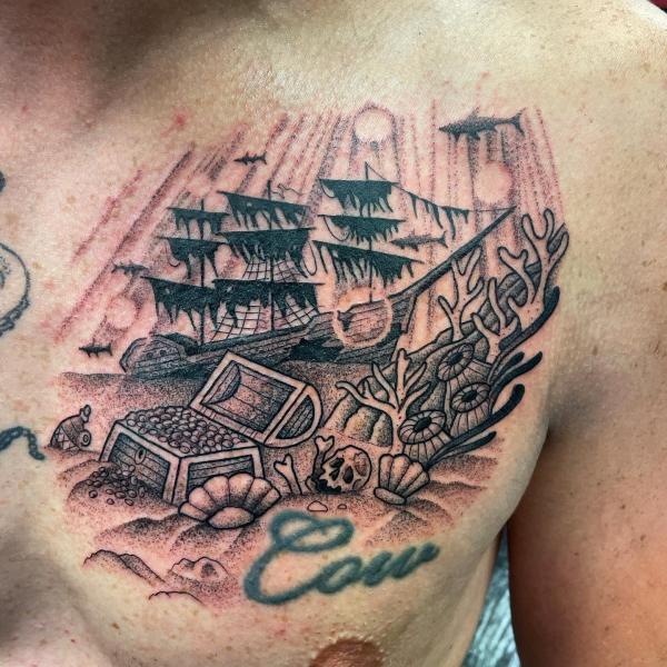 Shipwreck with Treasure Chest Tattoo
