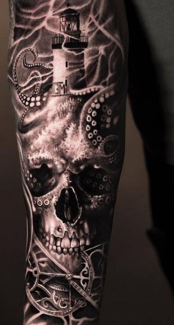 Skull and lighthouse with Kraken tentacles