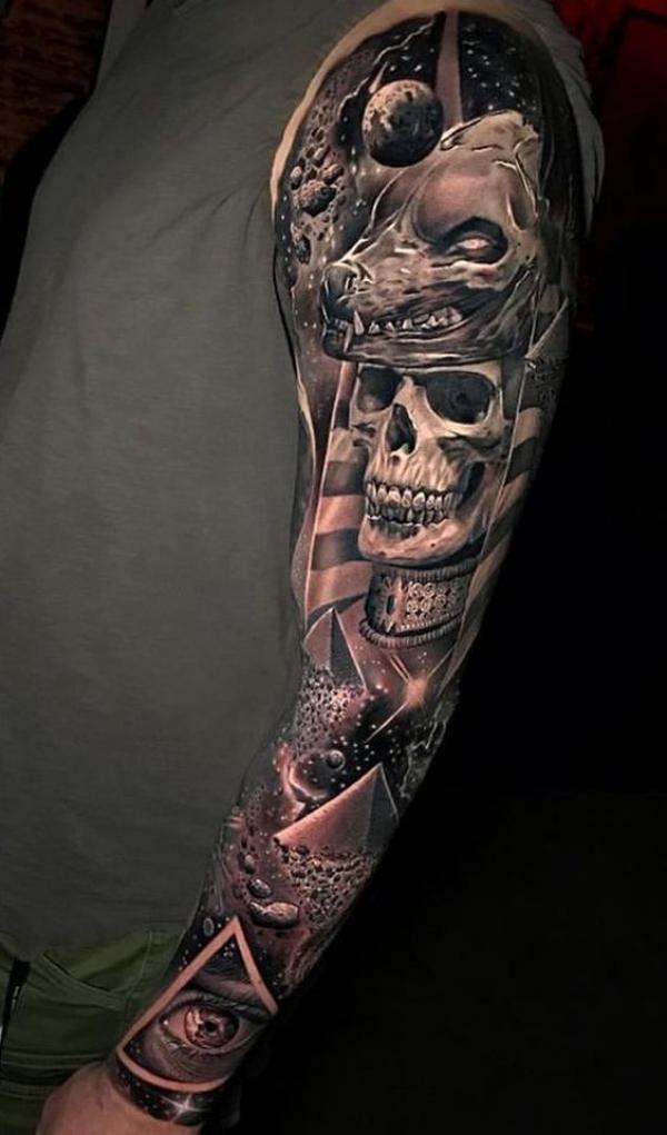Skull with Anubis headdress full sleeve tattoo
