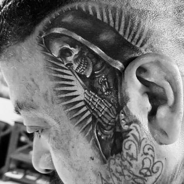Small Santa Muerte head tattoo black and grey