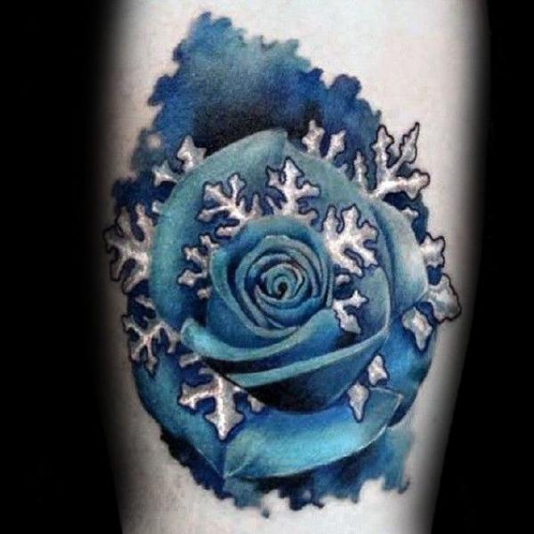 Snowflake and blue rose tattoo