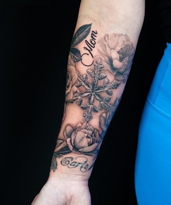 Snowflake and peony tattoo for Mom