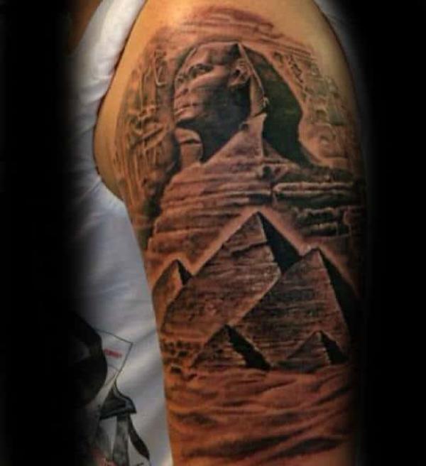 Sphinx and Pyramid half sleeve tattoo
