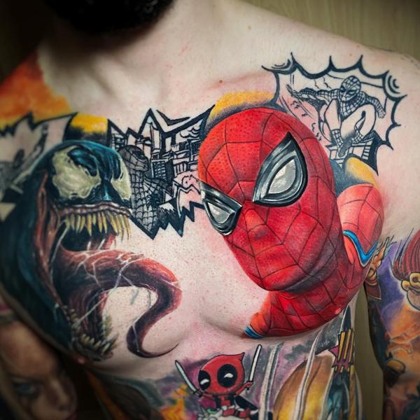Spiderman and venom chest tattoo