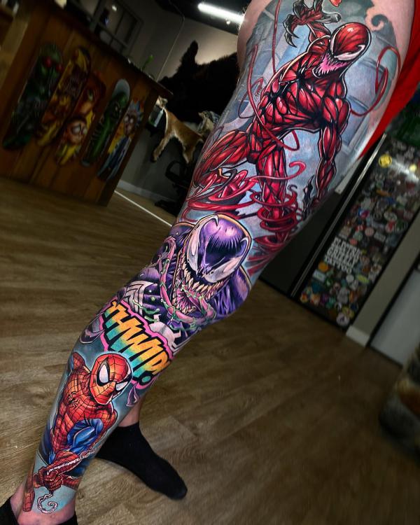 Spider man and venom leg tattoo sleeve