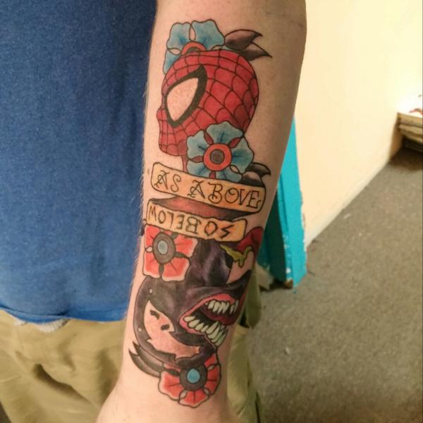 Spiderman and venom with words tattoo