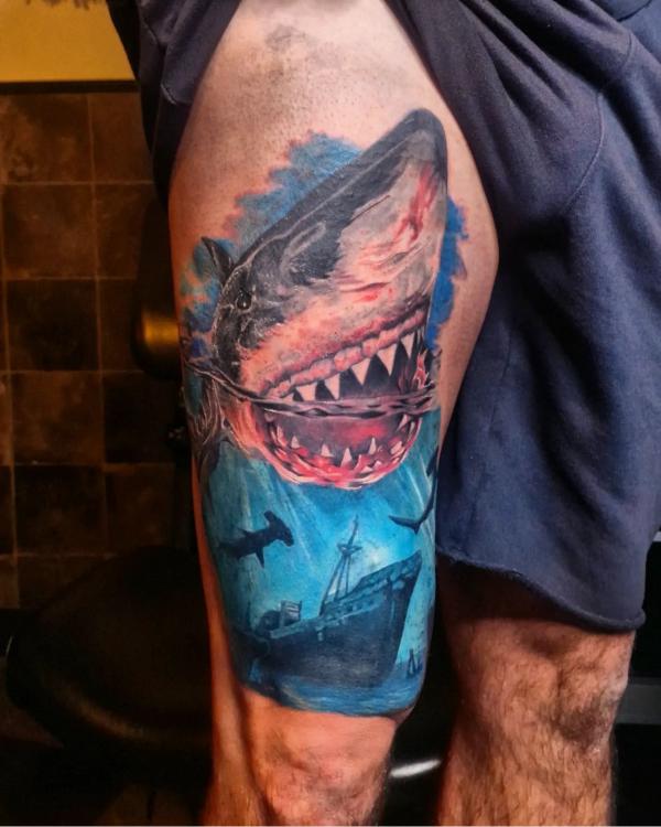 Sunken ship thigh tattoo