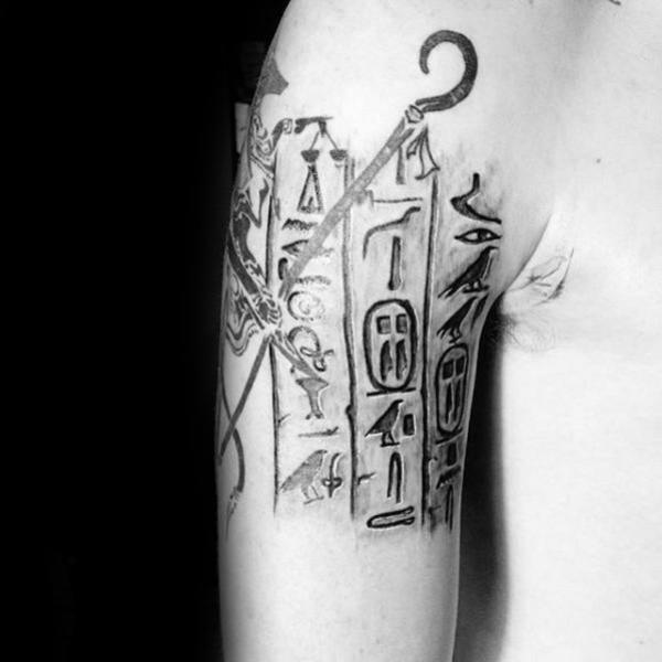The Flail and Crook with Egyptian hieroglyphics tattoo