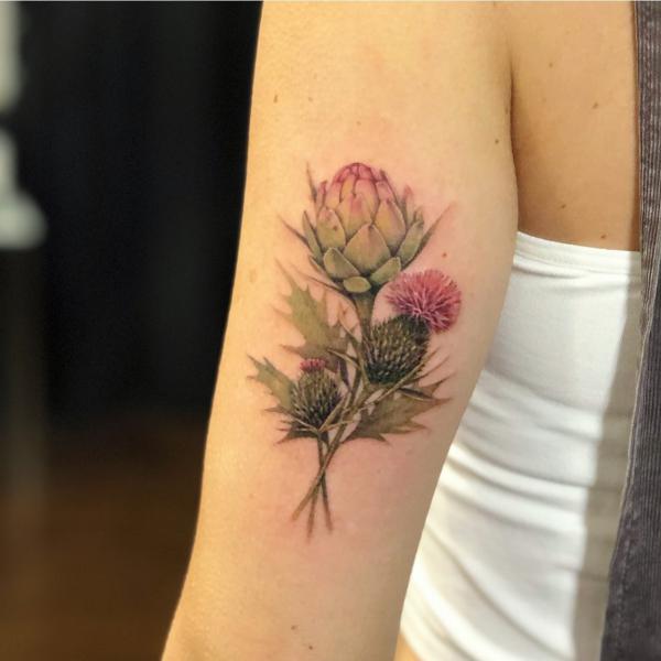 Thistle and artichoke tattoo back of arm tattoo