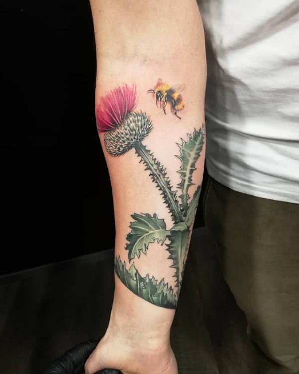 Thistle and bee inner forearm tattoo
