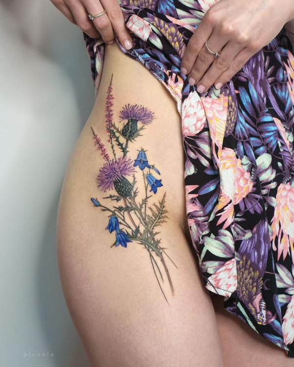 Thistle and bluebell tattoo