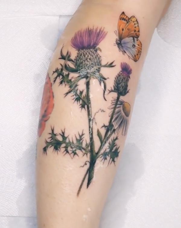 Thistle and butterfly arm tattoo