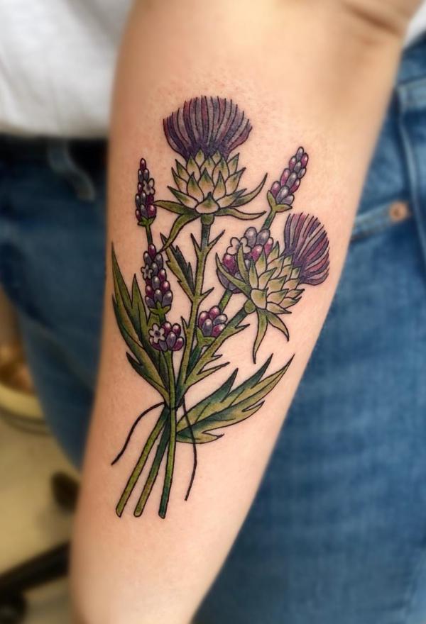 Thistle and lavender tattoo forearm