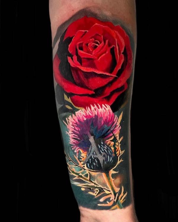 Thistle and rose tattoo