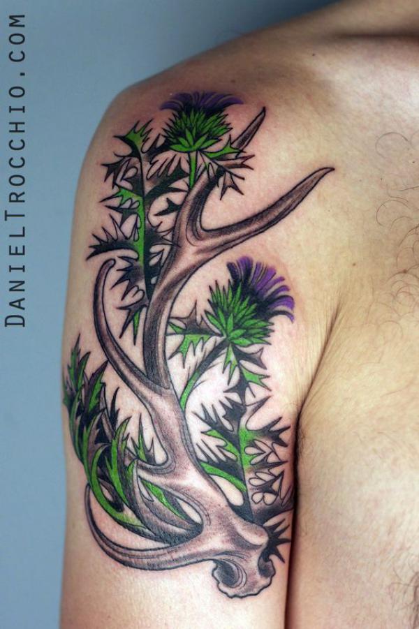 Thistle antler tattoo