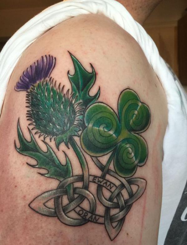 Thistle triskelion and trinity knot tattoo