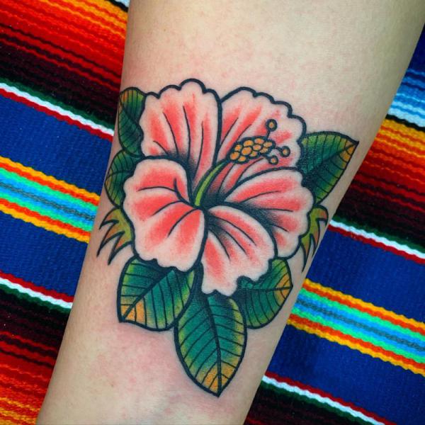 Traditional Hibiscus tattoo on forearm