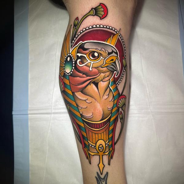 Traditional Horus with Ankh tattoo on calf