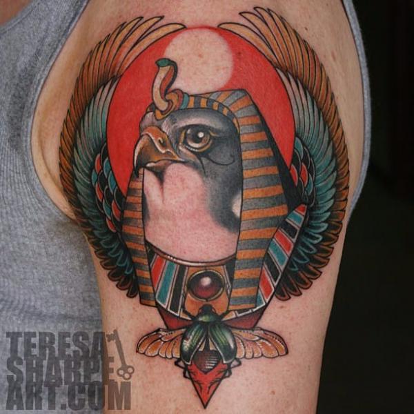 Traditional Horus with wings and Scarab Beetle tattoo