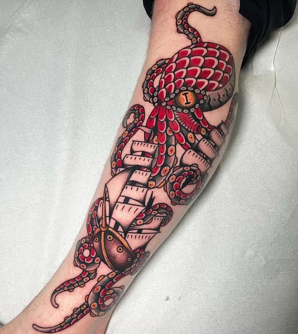Traditional Kraken ship lower leg tattoo