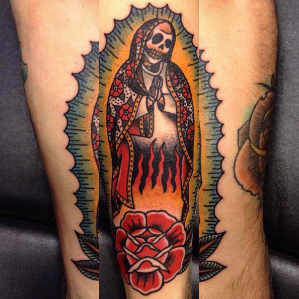 Traditional Santa Muerte and flaming rose tattoo