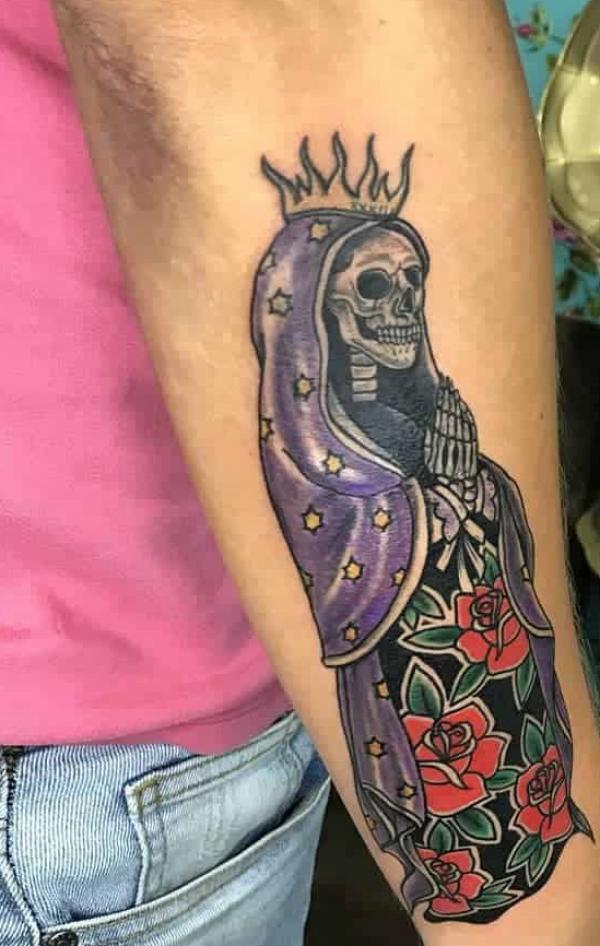 Traditional Santa Muerte with roses and praying hands Tattoo