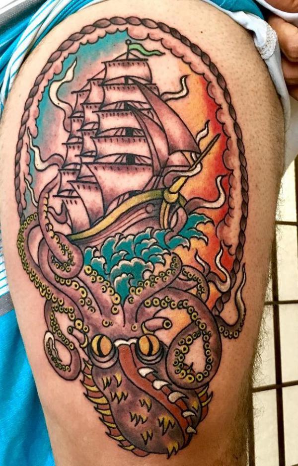 Traditional kraken and sailing boat tattoo